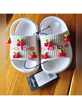 NEW! Bebe Girls White Sandals Slides with Red and Green Cherry Details Size 5